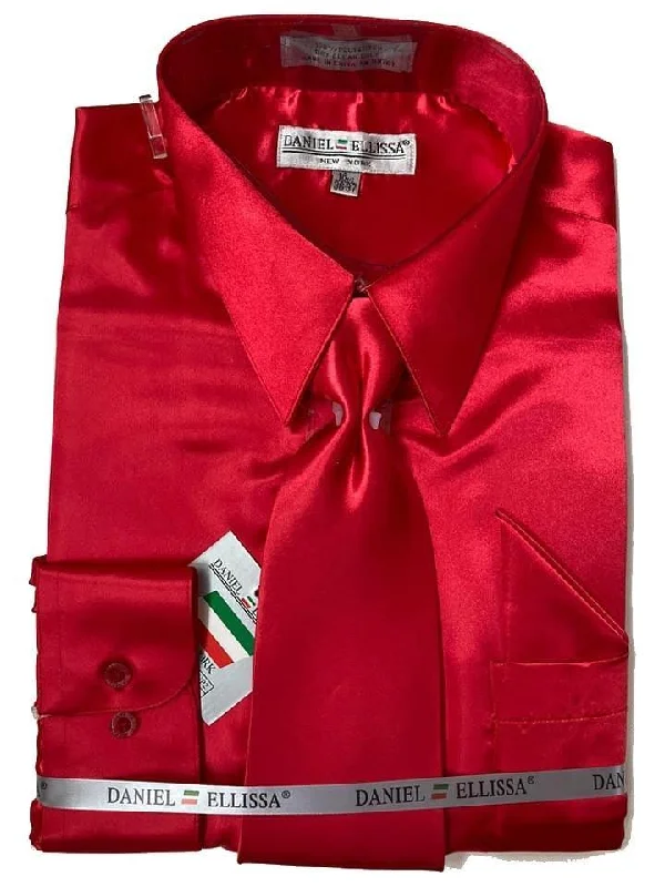 Chic Comfort Red Satin Dress Shirt Set with Matching Tie & Pocket Square