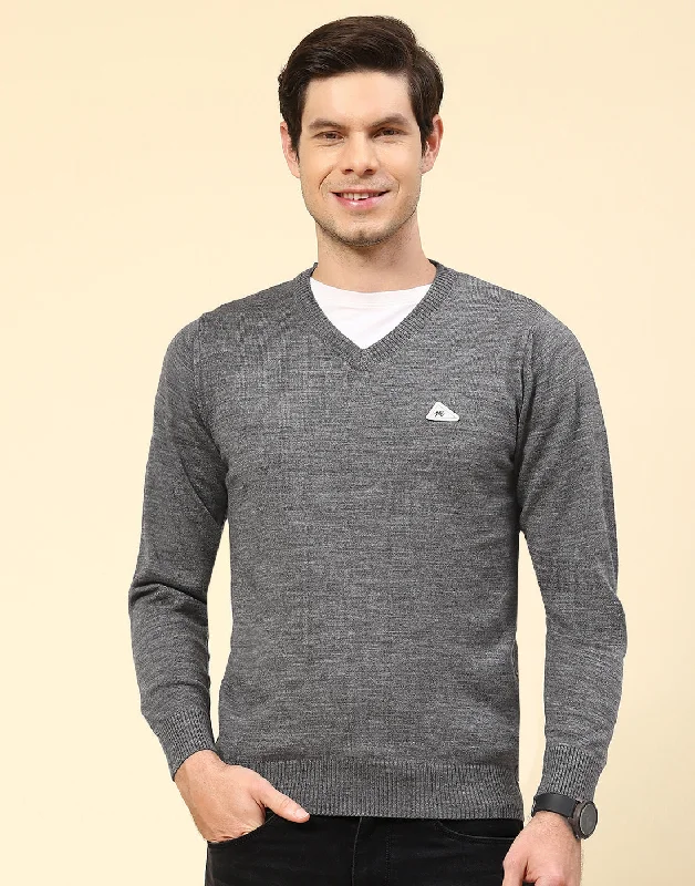 Retro Prints Men Grey Solid V Neck Full Sleeve Pullover