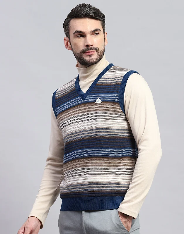 Cozy Pants Men Blue Stripe V Neck Sleeveless Sweater