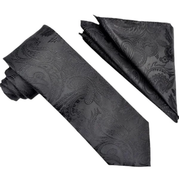 Unique Fashion Black Paisley Tie and Hanky Set