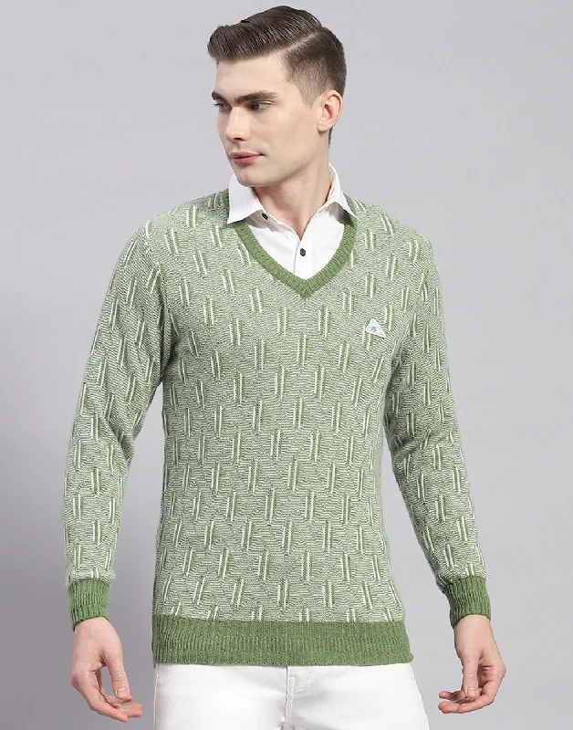 Fashionable Items Men Green Solid V Neck Full Sleeve Pullover