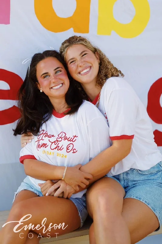 Chi Omega How Bout Them Chi O's Bid Day Ringer Tees