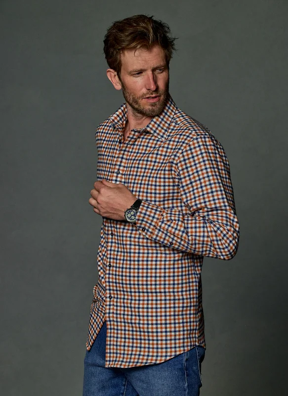 Age-reducing Style Alexander Sport Shirt in Navy and Orange Check