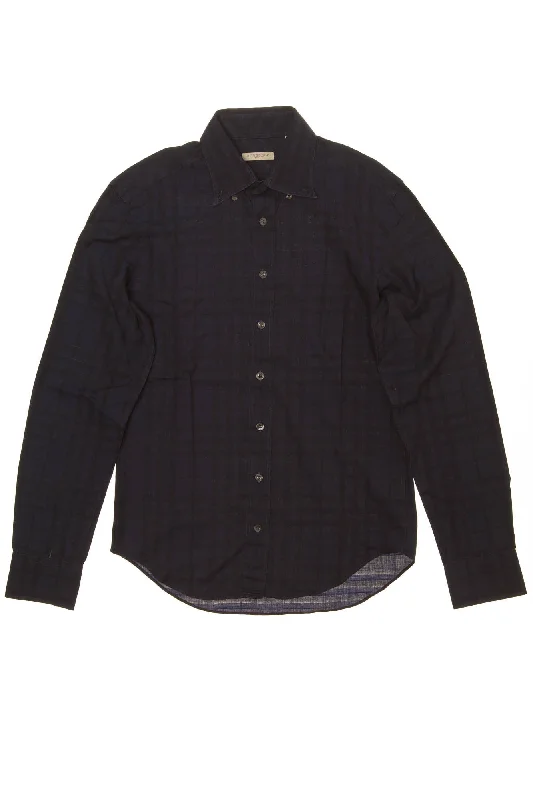 Elegant And Noble Burberry Brit - Dark Blue Checkered Long Sleeve Button Down -  Men's  size S