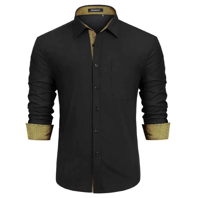 Casual Fit Wear Men's Patchwork Dress Shirt with Pocket - 03-BLACK/GOLD