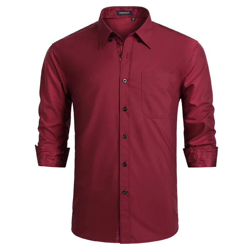Relaxed Fashion Men's Patchwork Dress Shirt with Pocket - 09-BURGUNDY / PAISLEY