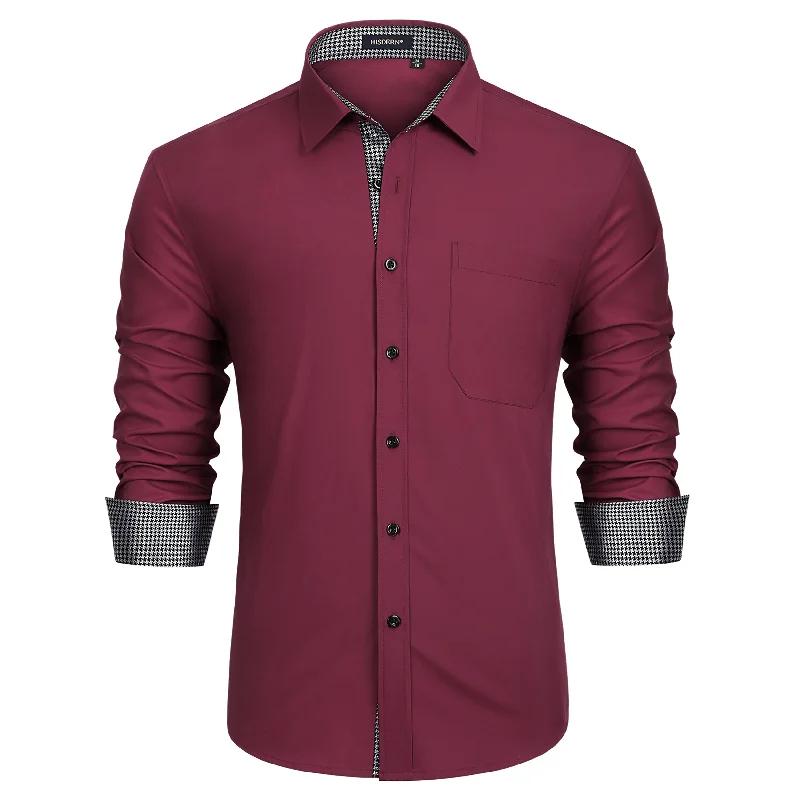 Easy Comfort Style Men's Patchwork Dress Shirt with Pocket - 06-BURGUNDY2