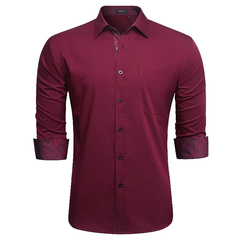 Fashion Must-have Men's Classic Style Dress Shirt with Pocket - BURGUNDY