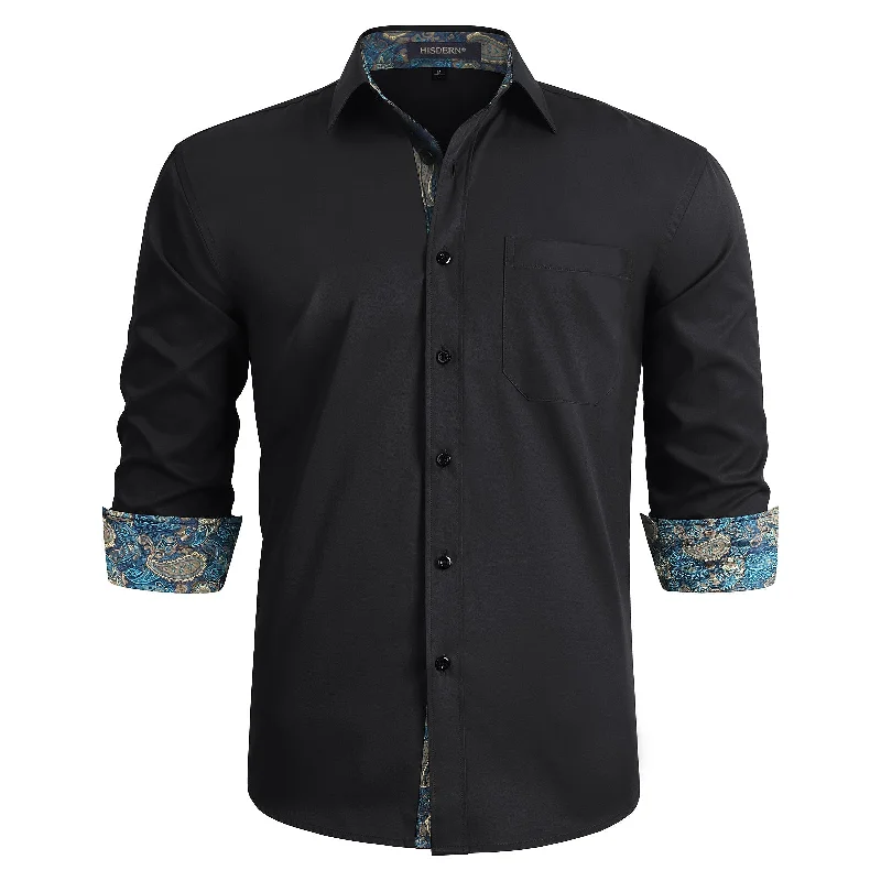 Relaxed Fits Men's Patchwork Dress Shirt with Pocket - BLACK/AUQA