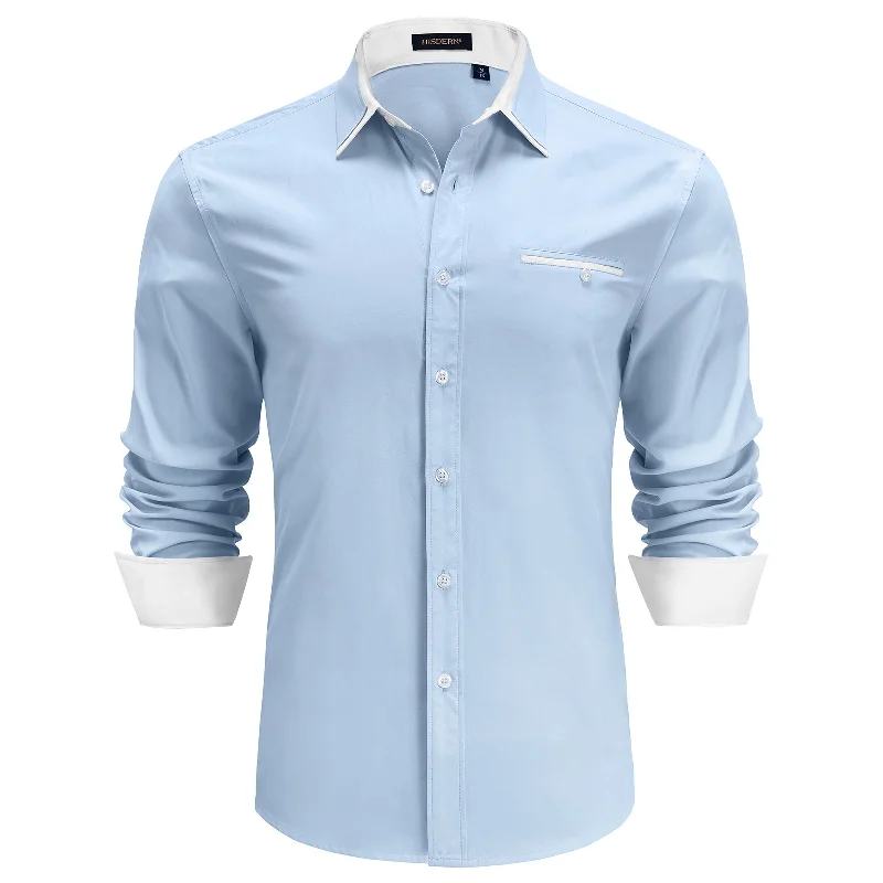 Cozy Shirts Men's Patchwork Dress Shirt with Pocket - BLUE/WHITE