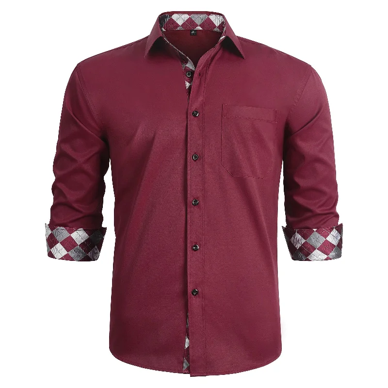 Mid-length Style Men's Patchwork Dress Shirt with Pocket - BURGUNDY/WHITE