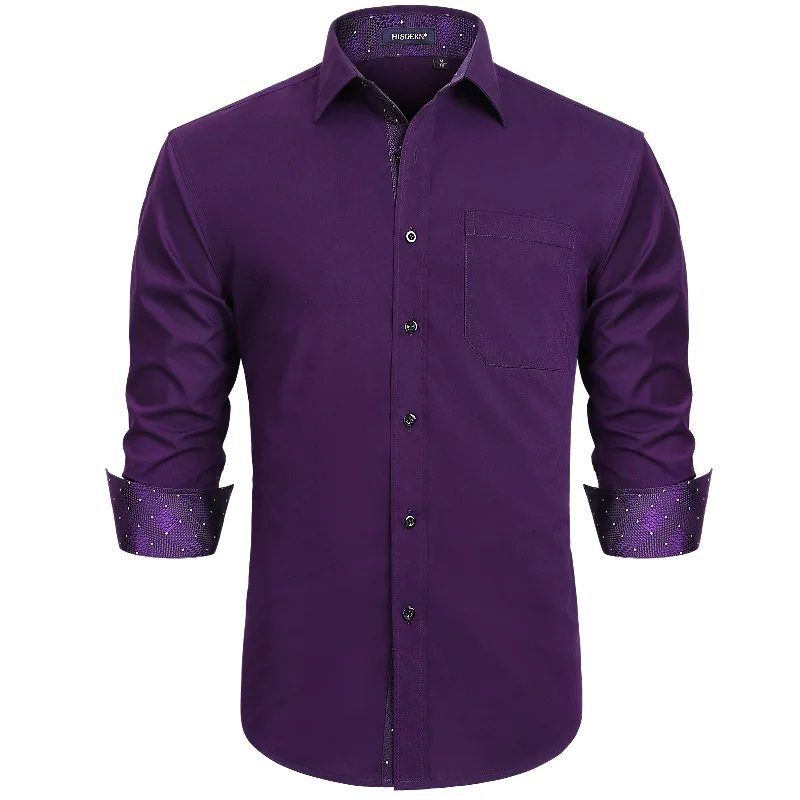 Classic Items Men's Patchwork Dress Shirt with Pocket - DARK PURPLE/PLAID