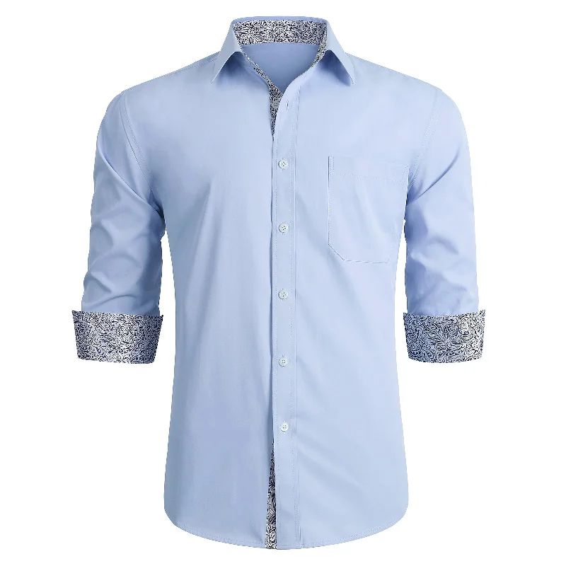 All-Day Style Men's Patchwork Dress Shirt with Pocket - LIGHT BLUE/GREY