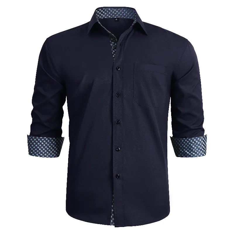 Basic Comfort Men's Button Down Dress Shirt with Pocket - NAVY BLUE/BLUE