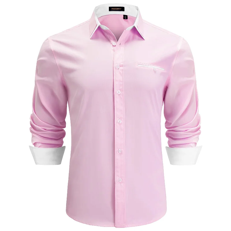 Chic Comfort Men's Patchwork Dress Shirt with Pocket - PINK/WHITE