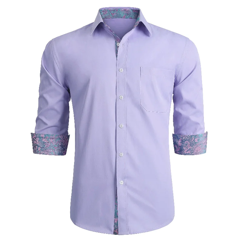 Soft Relaxation Wear Men's Patchwork Dress Shirt with Pocket - PURPLE/PINK