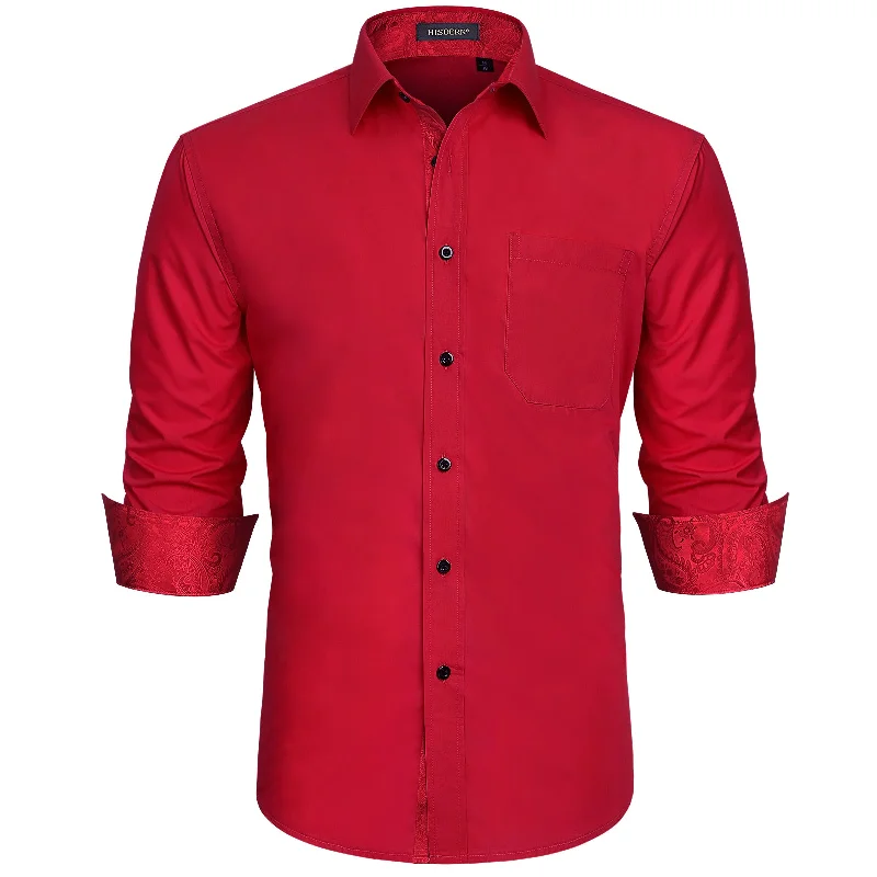 High Street Series Men's Patchwork Dress Shirt with Pocket - RED/PAISLEY