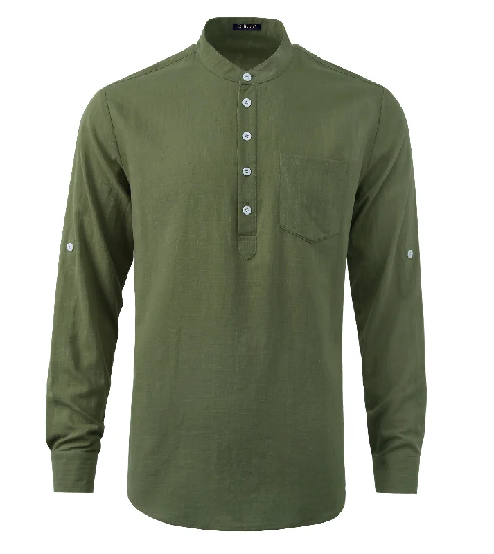 Relaxed Fashion Men‘s Henley Shirt Linen with Pocket - GREEN
