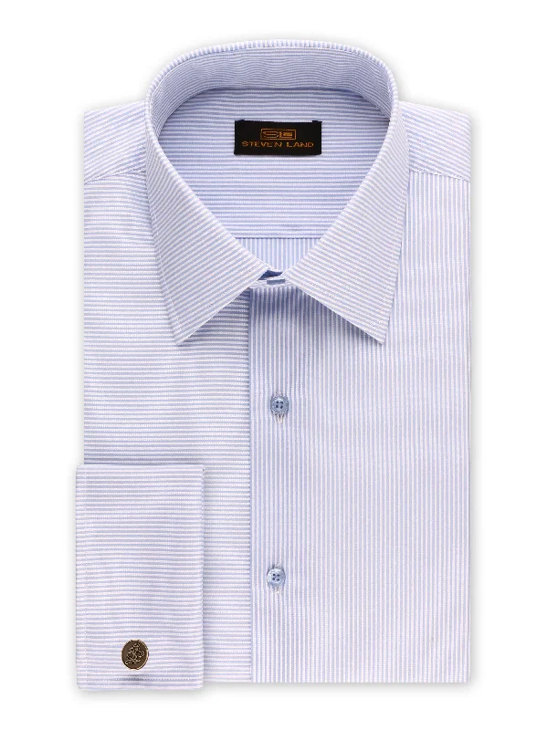 Modern Comfort Wear Steven Land | Unique Split Stripes Dress Shirt + Cufflink | Blue
