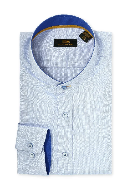 All-Day Wear Steven Land | Banded Collar Textured Stretch Dress Shirt in Blue Color