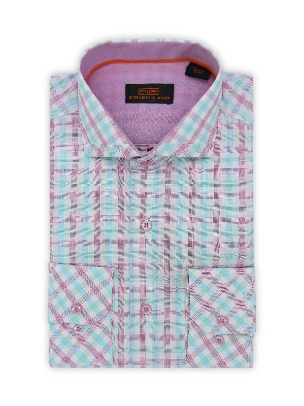 Comfortable Fashion Steven Land | Semi Cutaway Trim Collar Poplin Check Shirt | Berry