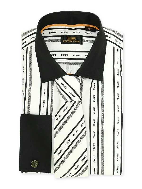 Versatile Comfort Steven Land | Praise Stripe Cotton Dress Shirt With Matching Mask, Tie, Hanky and Cufflink | Black
