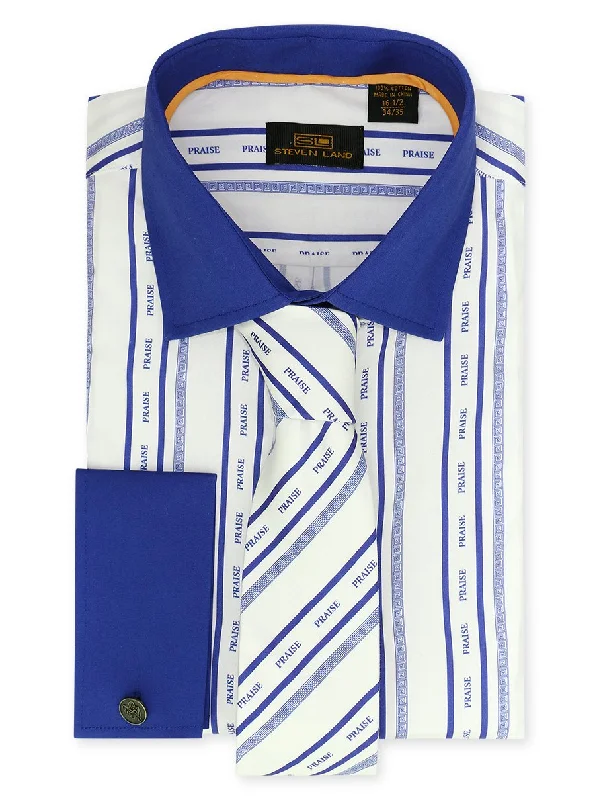 Relaxed Dresses Steven Land | Praise Stripe Cotton Dress Shirt With Matching Mask, Tie, Hanky and Cufflink | Royal