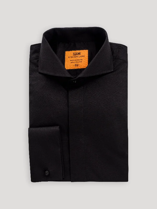 Weekend Wear Poplin Dress Shirt Hidden Placket 100% Cotton | Cutaway Collar | French Cuff | Color Black