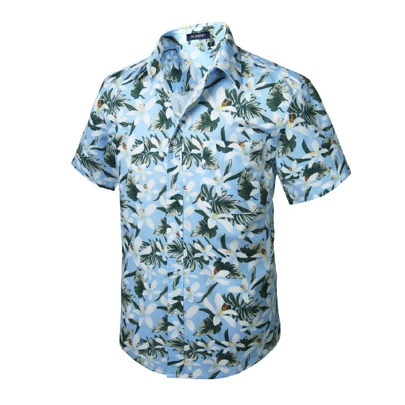 Single-shoulder Neck Design Funky Hawaiian Shirts with Pocket - LIGHT BLUE-1ZFH133B