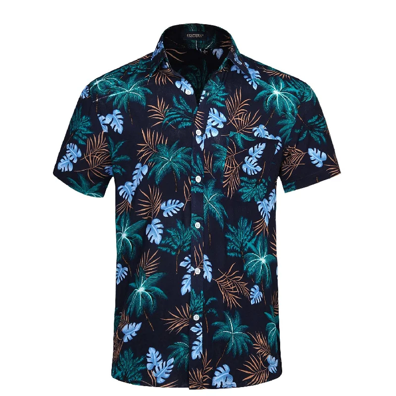 Nightclub Style Funky Hawaiian Shirts with Pocket - NAVY BLUE/GOLD