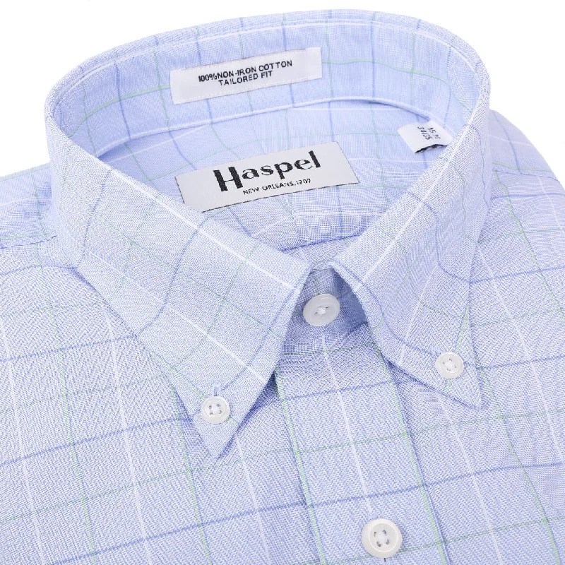 Trendy Layers Henry Blue & Green Windowpane Button Down Trim Fit Dress Shirt