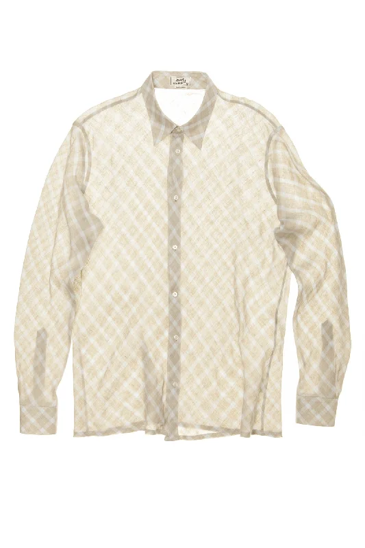 Casual And Casual Authentic Hermes - Beige and Blue Plaid Men's Dress Shirt - IT 43
