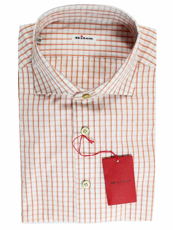 Minimal Classic Kiton Dress Shirt White Orange Graph Check Spread Collar 40 - 15 3/4 REDUCED - SALE