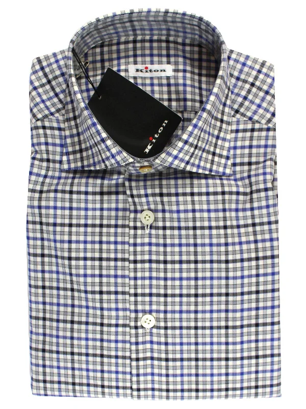 Creative Prints Kiton Dress Shirt White Royal Blue Black Check 40 - 15 3/4