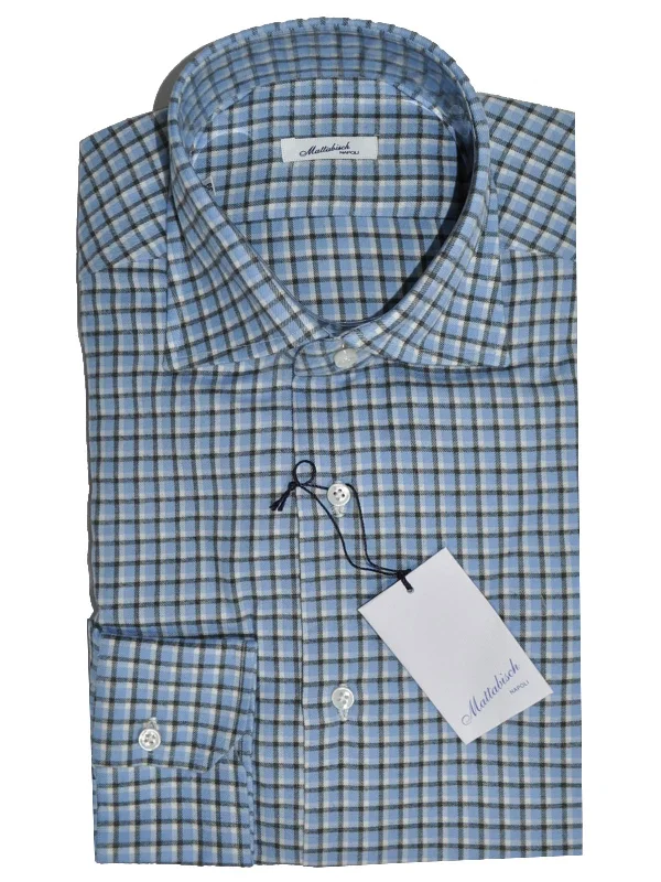 Mattabisch Sport Shirt Blue Black White Check - Flannel Cotton 39 - 15 1/2 REDUCED - SALE