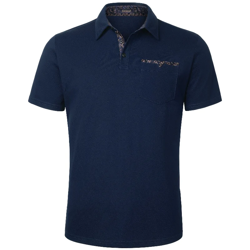 Floral Prints Men's Polo Shirt with Pocket - E-NAVY BLUE-PAISLEY2