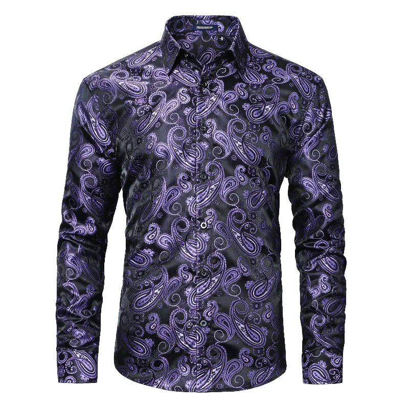 Easygoing Style Men's Long Sleeve Shiny Shirt With Printing - PURPLE