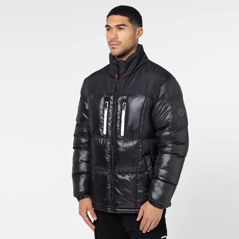 Minimalism Contrast Zipped Funnel Neck Puffer Jacket | Black Shine