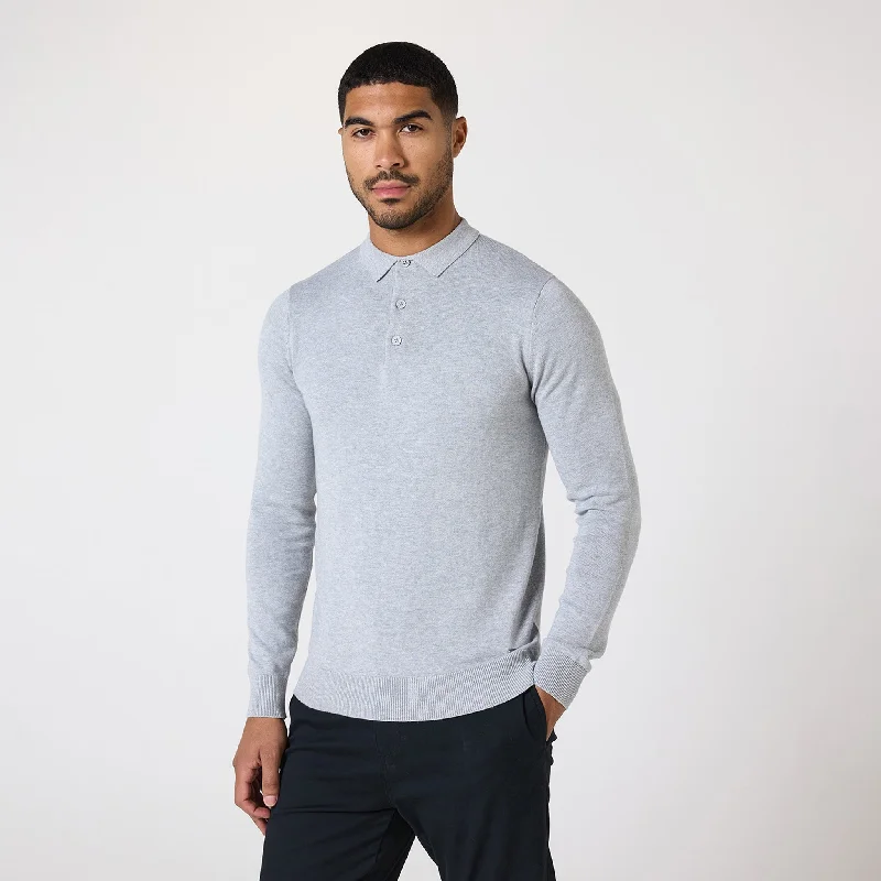 Celebrity Style Long Sleeve Knitted Polo | Light Grey Marl