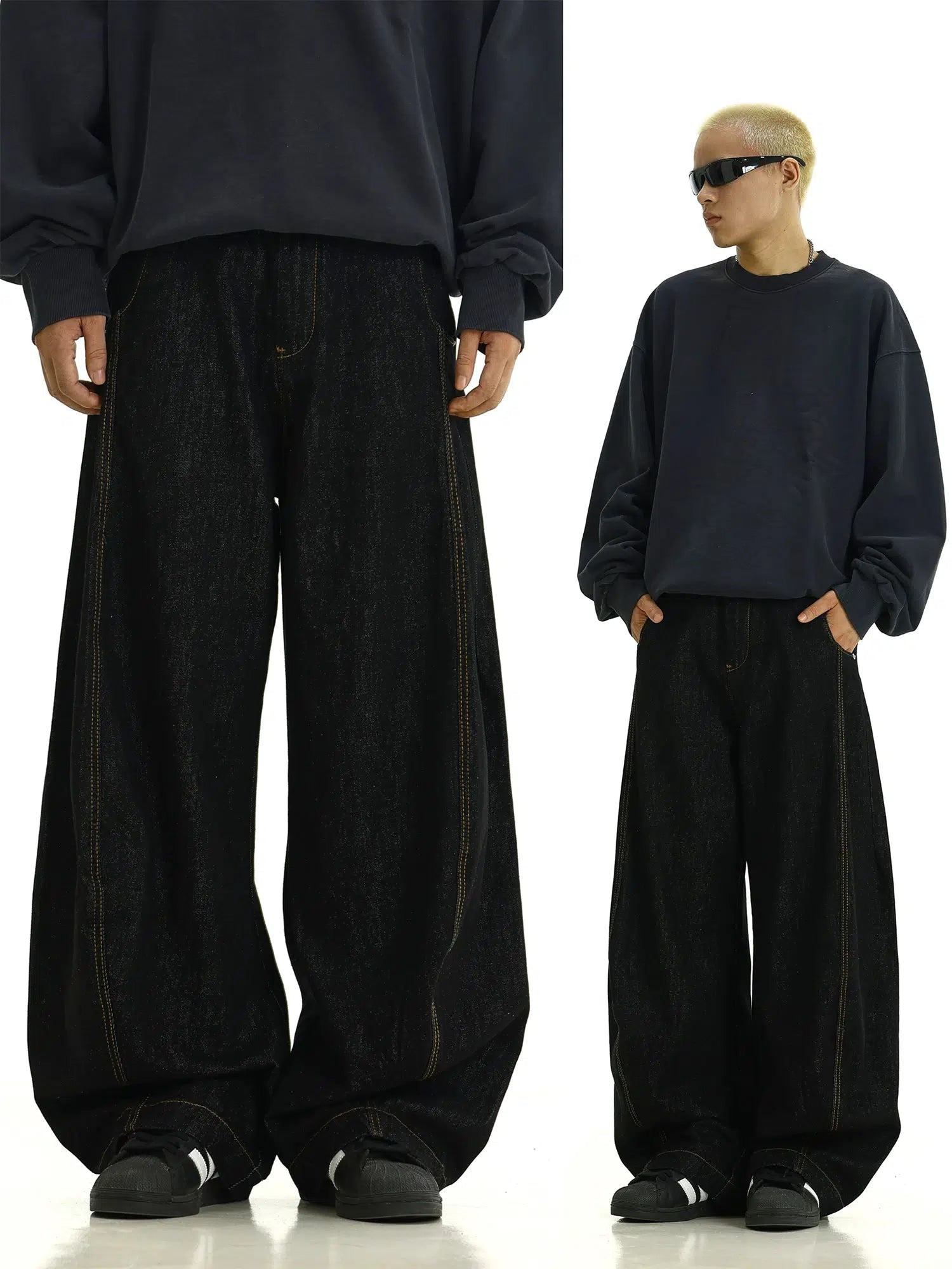 Simple Style Black Baggy Wide-Leg Jeans