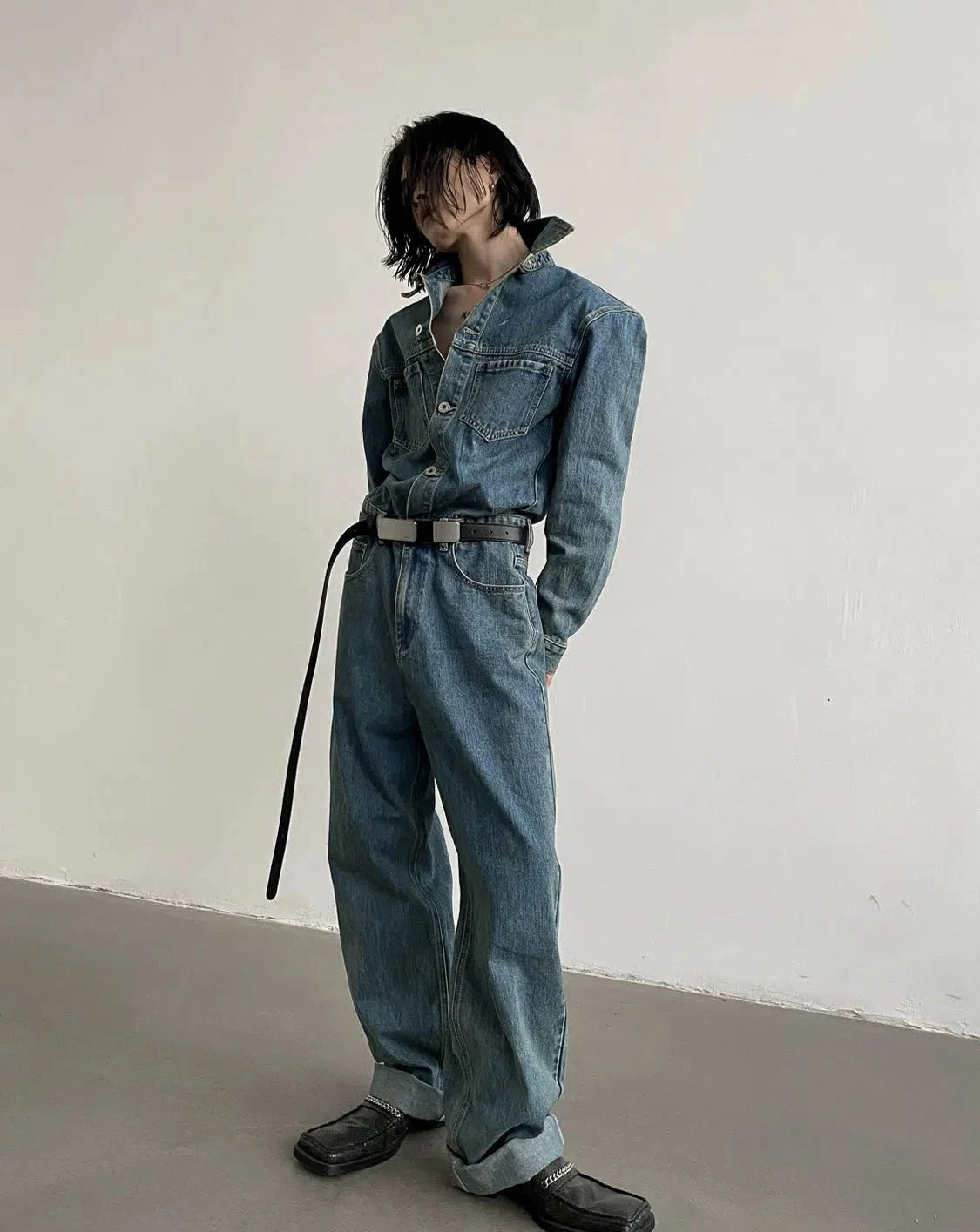 All-Day Comfort Blue Long-sleeved Denim Jumpsuit