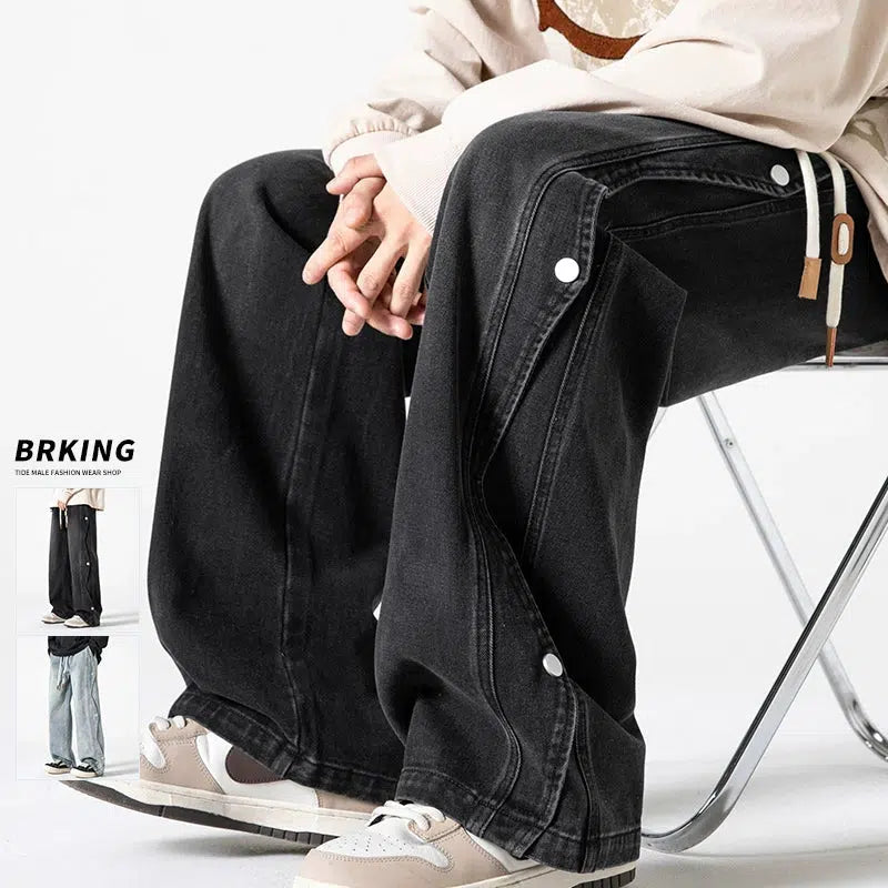 Creative Prints Buttoned Drawstring Straight-leg Jeans