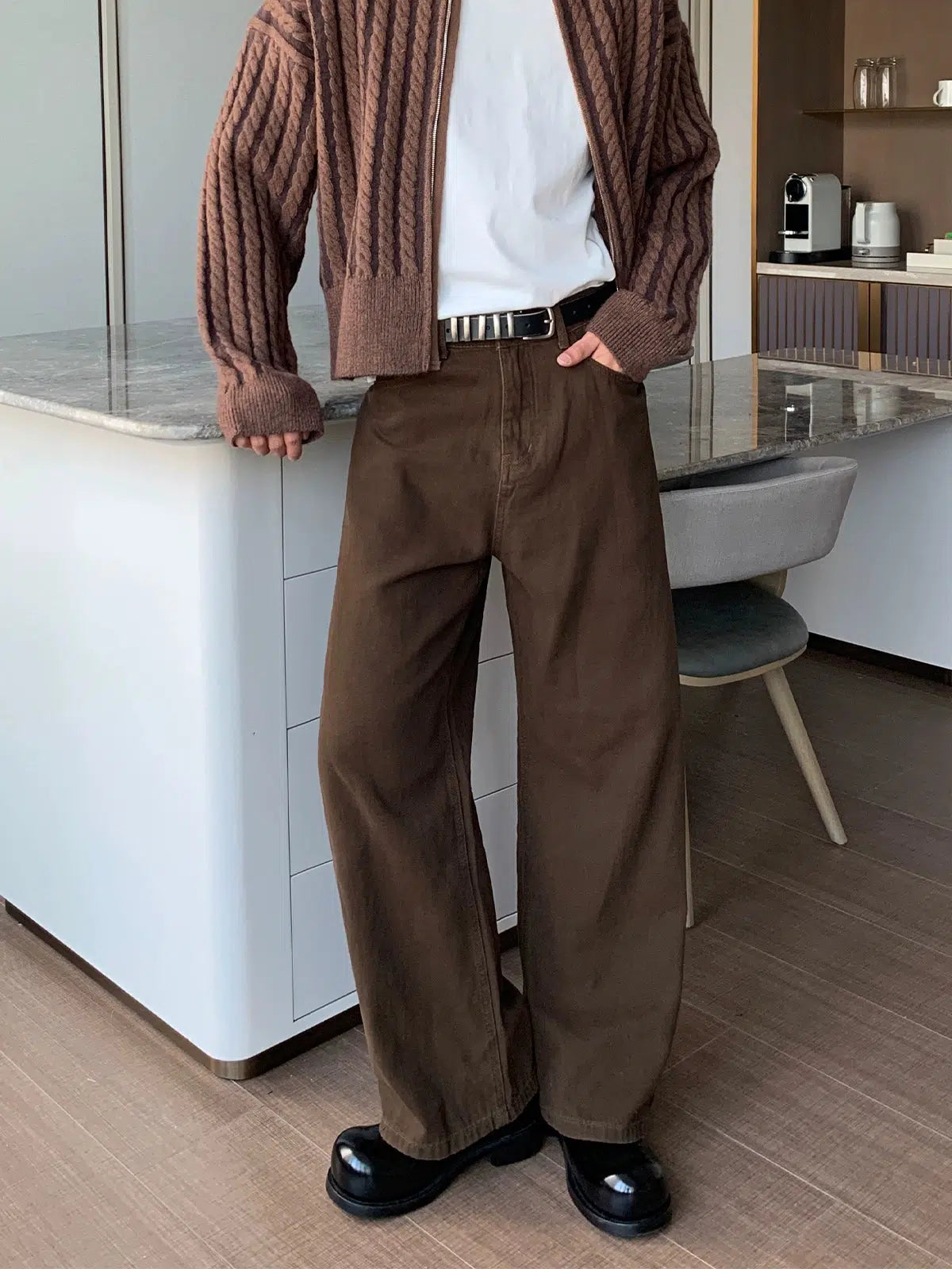 Dark Brown Straight Pleated Pants