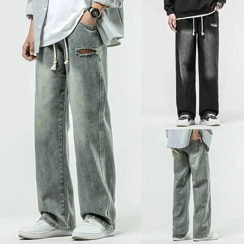 Fashion Innovation Drawstring Straight-leg Ripped Pants