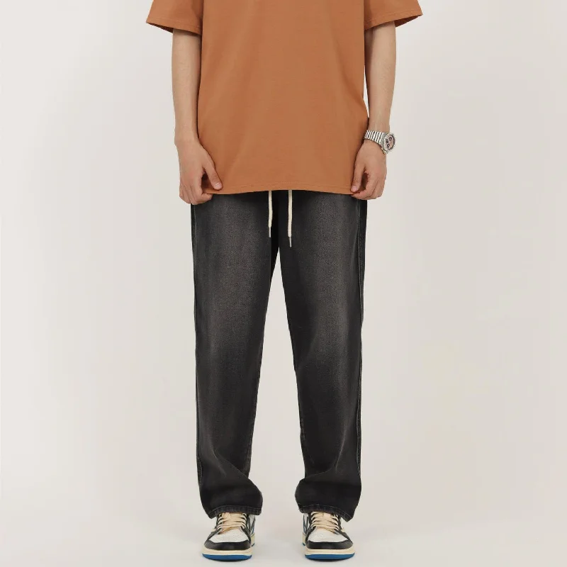 Exquisite Tailoring Drawstring Washed Black Gray Straight Jeans