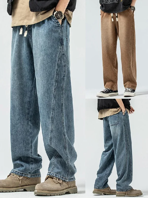 Leisure Sports Elastic Waist Drawstring Wide-leg Jeans