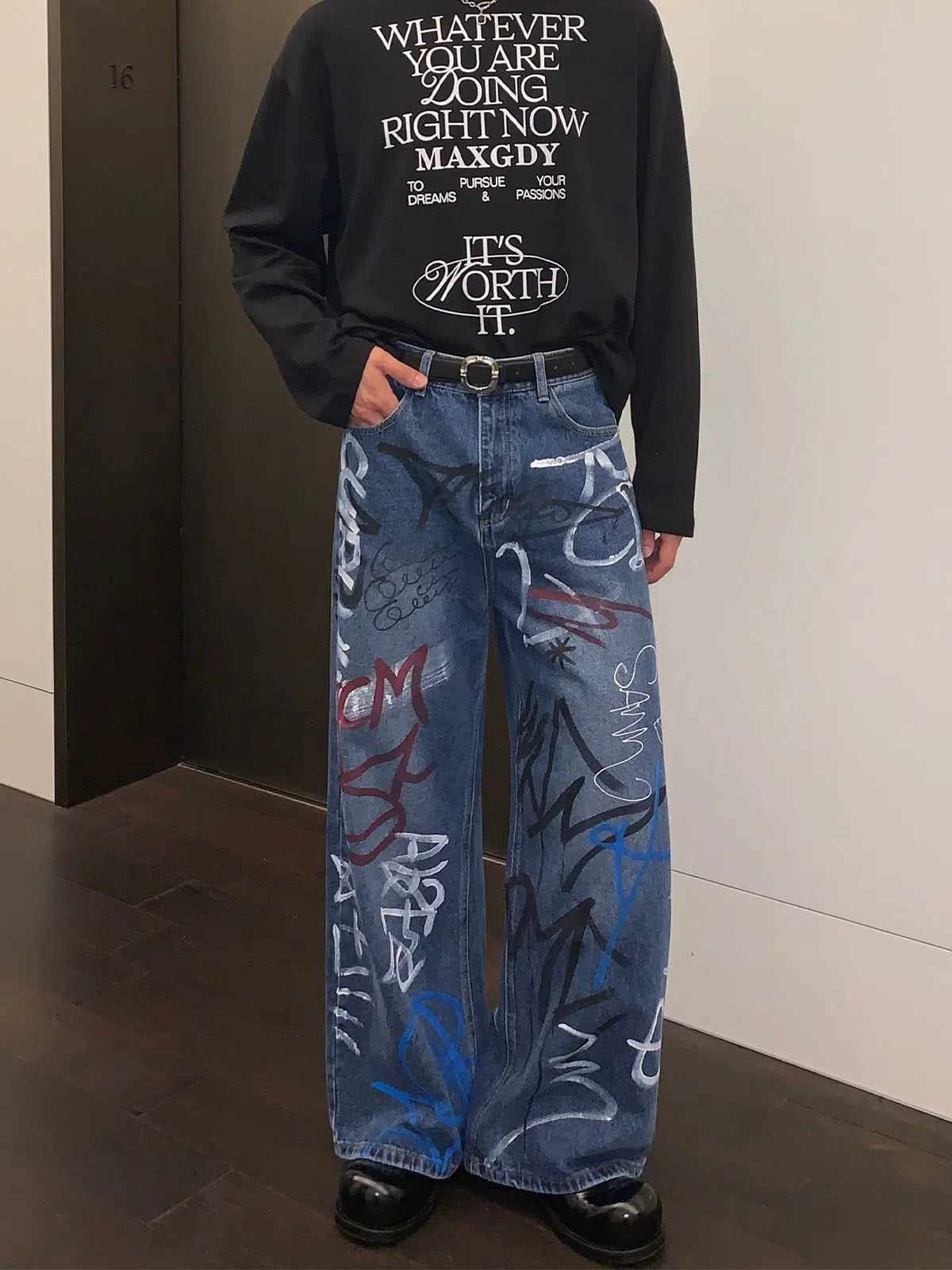 Playful Style Graffiti Print Denim Pants