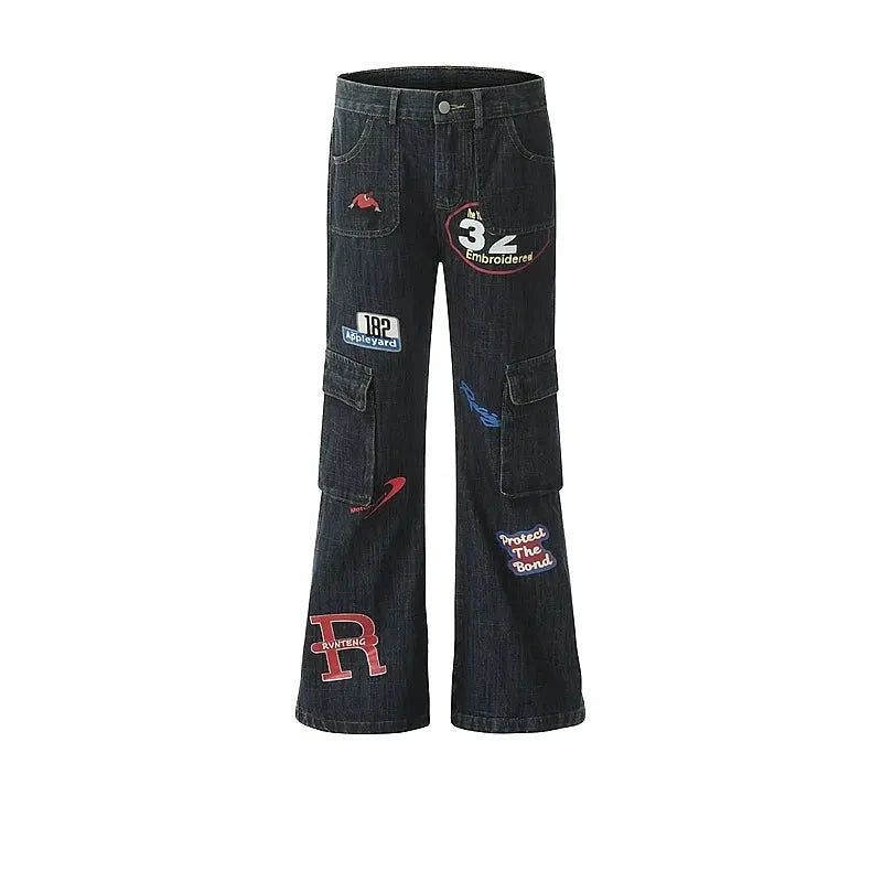Cozy Knits Graphic Patches Embroidered Cargo Jeans