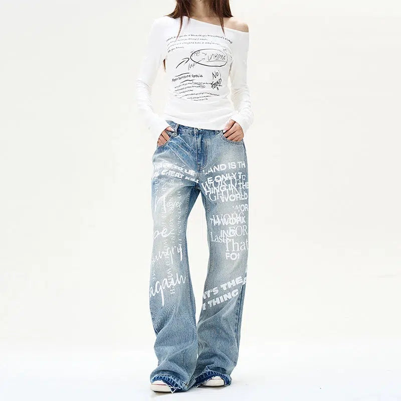 Comfortable Jeans Graphic Print Wide-Leg Jeans