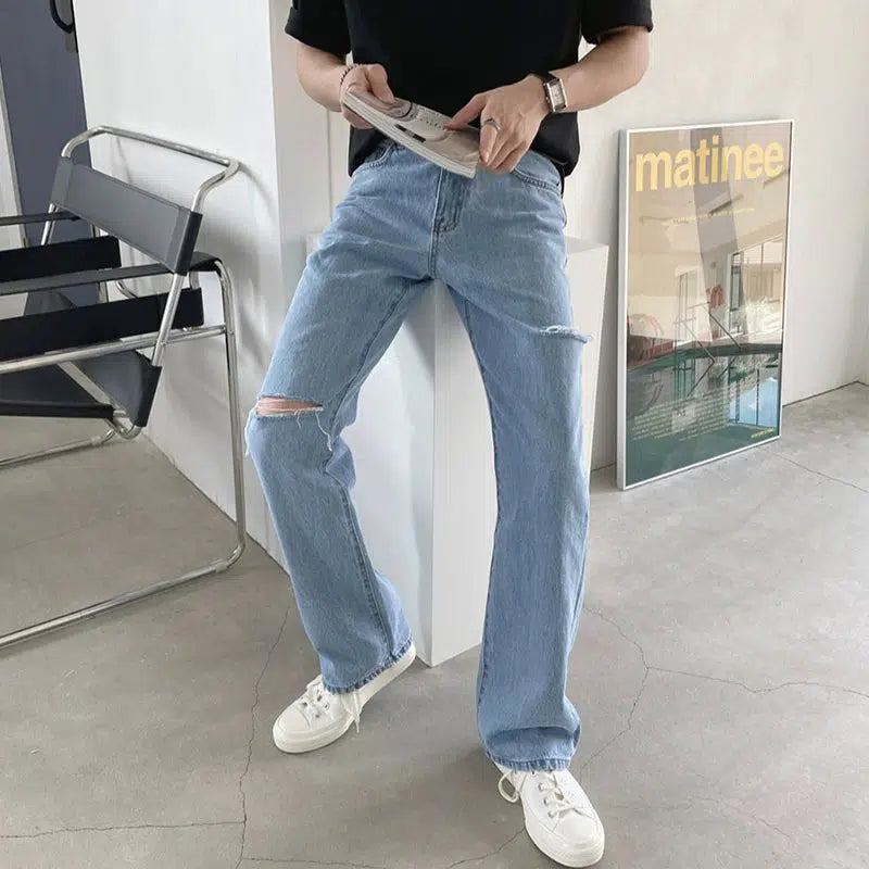 Light Blue Ripped Straight-leg Jeans